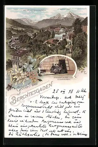 Lithographie Berchtesgaden, Ortsansicht mit Watzmann, Einfahrt in den Ferdinandberg