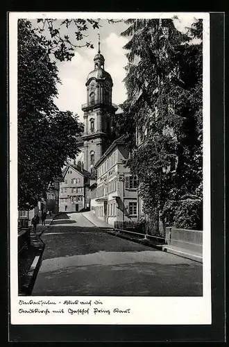 AK Neckarsulm, Strassenpartie mit Kirche und Gasthof Prinz Karl