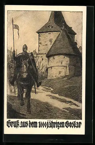 Künstler-AK Goslar a. H., Festpostkarte 1000 Jahre Goslar, Ritter zu Pferd mit Türmen