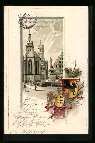 Präge-Lithographie Stuttgart, Stadtkirche mit Schillerdenkmal, Wappen