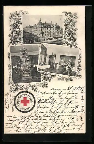 AK München, Bayerischer Frauen Verein, Gebäude, Weihnachtsbaum, Rotes Kreuz