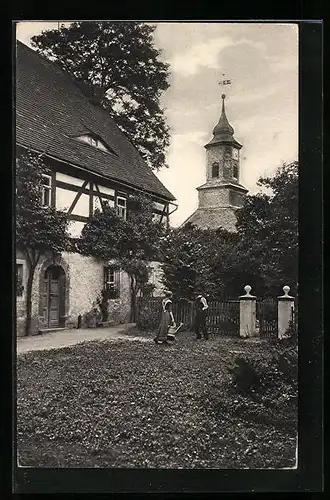 AK Ziegra, Ortspartie mit Pfarrhof und Kirche