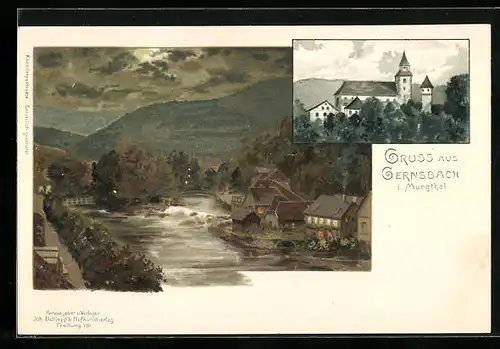 Lithographie Gernsbach i. Murgthal, Ortspartie, Kirche