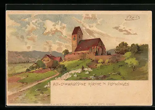 Lithographie Plochingen, Alt-Schwäbische Kirche