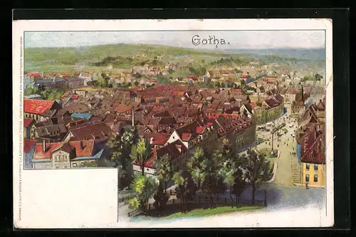Lithographie Gotha, Ortsansicht aus der Vogelschau