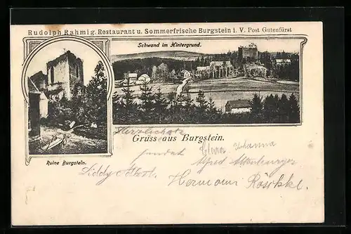AK Burgstein, Ortsansicht mit Schwand im Hintergrund, Ruine Burgstein