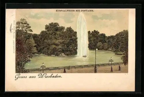 Lithographie Wiesbaden, Kursaalweier mit Fontaine