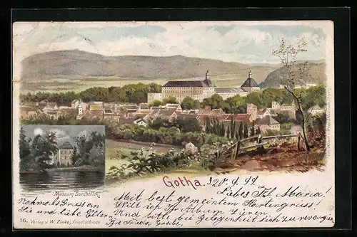 Lithographie Gotha, Ortsansicht und Museum Durchblick