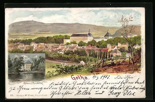 Lithographie Gotha, Ortsansicht und Museum Durchblick