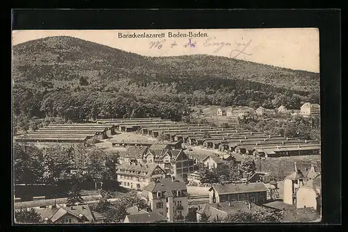 AK Baden-Baden, Barackenlazarett aus der Vogelschau