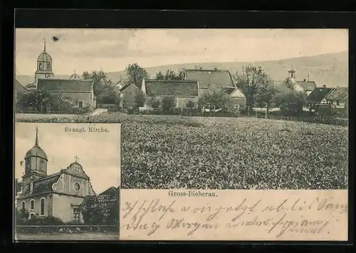 AK Gross-Bieberau, Ortsansicht und Evangl. Kirche