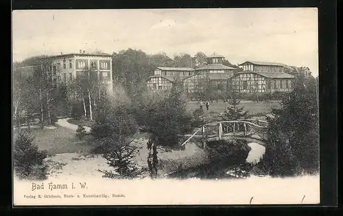 AK Bad Hamm i. W., Ortsansicht mit Brücke und Park