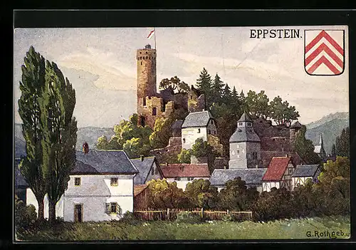 Künstler-AK Eppstein /Östl. Taunus, Ortspartie mit Burgruine, Wappen