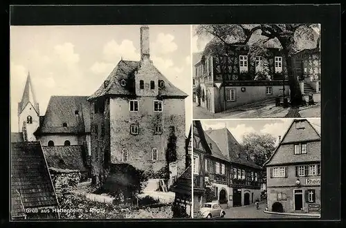 AK Hattenheim /Rhg., Strassenpartie mit Hotel, Ortspartie mit Kirche, Brunnen
