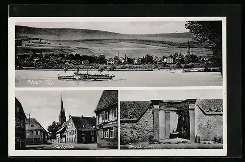 AK Erbach i. Rhg., Uferpartie mit Dampfer, Marktplatz, Marcobrunnen