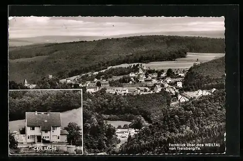 AK Treisberg /Ts., Cafe-Pension Sachs, Fernblick über das Weiltal