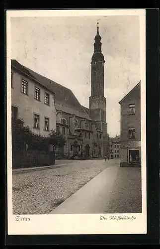 AK Zittau, Strassenpartie mit Klosterkirche