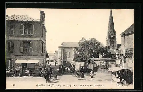 AK Saint-Pair, L`Eglise et la Route de Granville