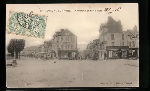 AK Torigni-sur-Vire, Carrefour et rue Thiers