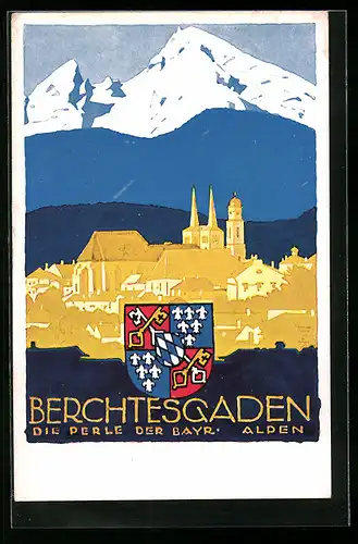 Künstler-AK Ludwig Hohlwein: Berchtesgaden, Totalansicht mit Gebirgspanorama und Wappen