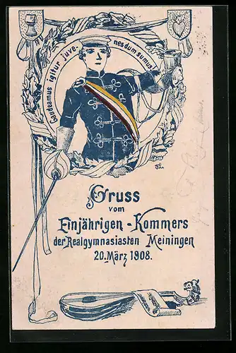 Künstler-AK Meiningen, Einjährigen-Kommers der Realgymnasiasten 1908, Student im vollen Wichs