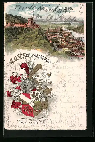 Lithographie Heidelberg, SGV Schwarzburgia, Gesamtansicht, Studentenwappen