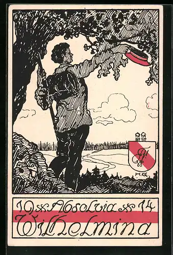 Künstler-AK München, Absolvia Wilhelmina 1914, Student winkt mit Tönnchen, Studentenwappen