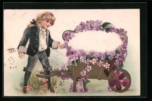 Präge-AK Kind mit Blumenwagen