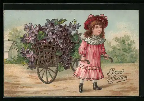 Präge-AK Mädchen mit einem Blumenwagen