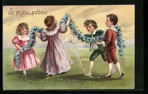 Präge-AK Kinder tragen Blumengirlande