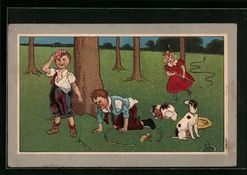 Präge-AK Kinder spielen mit Hunden