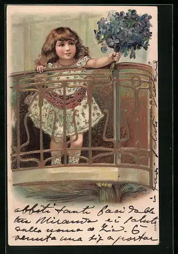 Präge-AK Mädchen hält einen Blumenstrauss