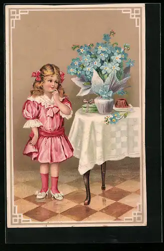 Präge-AK Mädchen steht neben Tisch mit Blumen und Kuchen