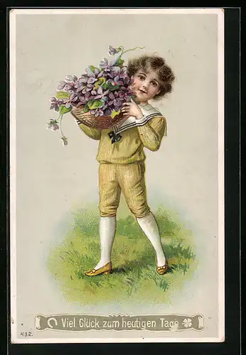 Präge-AK Junge mit einem Korb Veilchen