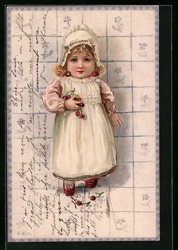 Präge-AK Kleines Mädchen mit Kirschen
