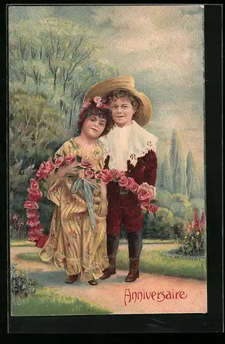 Präge-AK Zwei Kinder mit Rosengirlande