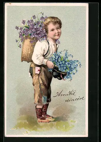 Präge-AK Junge trägt Körbe mit Blumen