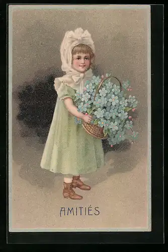 Präge-AK Mädchen trägt Korb mit Blumen
