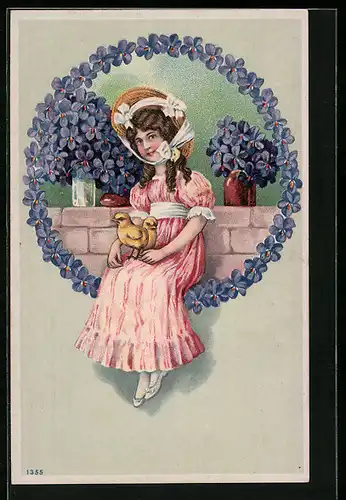 Präge-AK Mädchen mit zwei Küken auf dem Schoss, Blumen