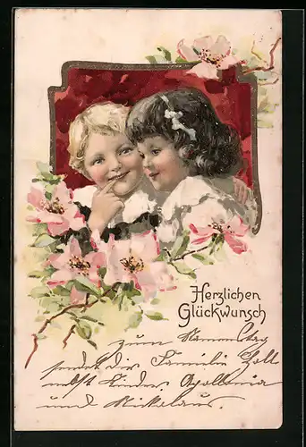 Präge-AK Zwei Kinder mit Wildrosen