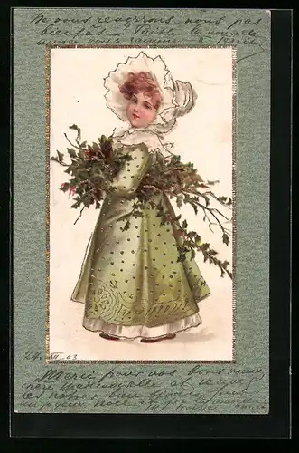 Präge-AK Mädchen mit Haube trägt Zweige