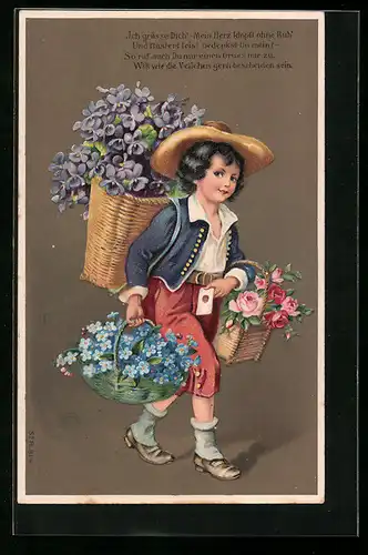 Präge-AK Junge trägt drei Blumenkörbe