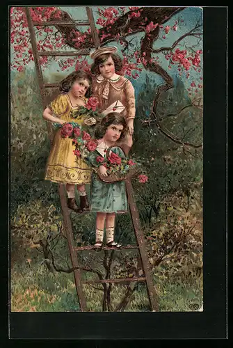 Präge-AK Drei Kinder auf einer Leiter mit Blumen