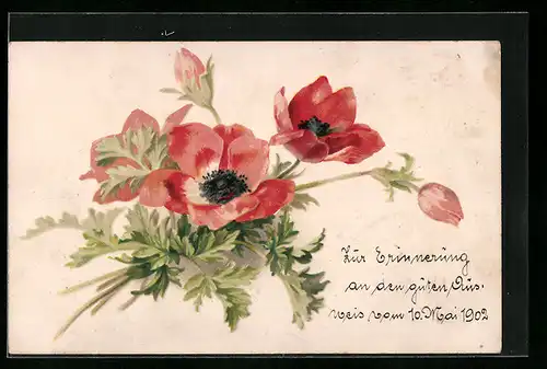 Lithographie Mohnblumenstrauss mit Blättern