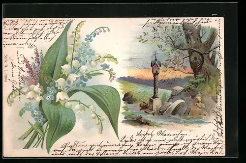 Lithographie Maiglöckchenstrauss und Abendlandschaft