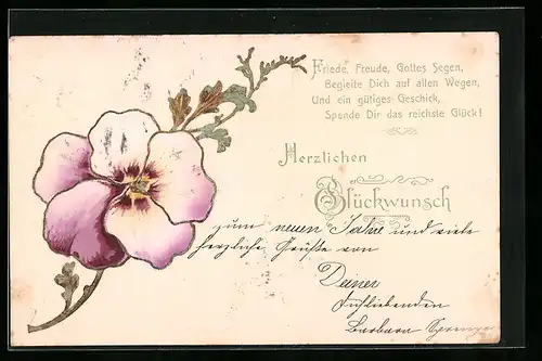 Präge-Lithographie Stiefmütterchenblüte mit Blättern