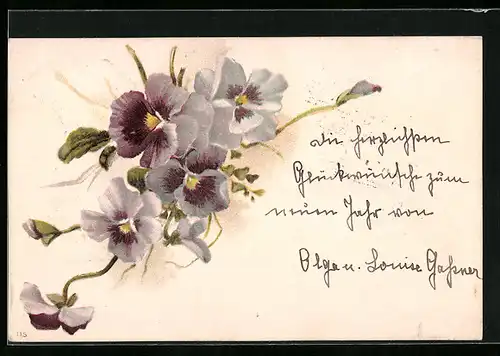 Lithographie Stiefmütterchenstrauss mit zartvioletten Blüten
