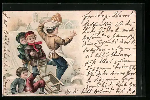 Lithographie Bäckerjunge mit Kuchen weicht kleinen Schlittenfahrern aus