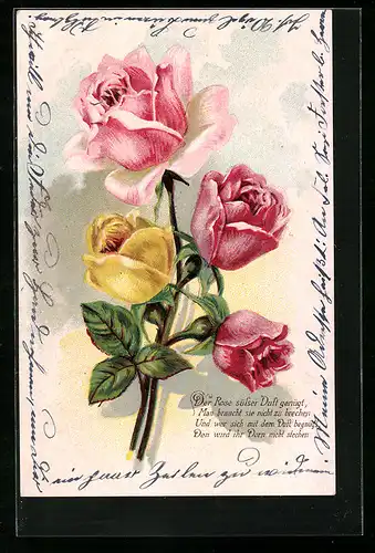 Lithographie Drei rote Rosen mit einer gelben Blüte