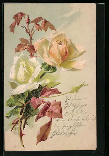 Präge-AK Zweige mit weissen Rosen